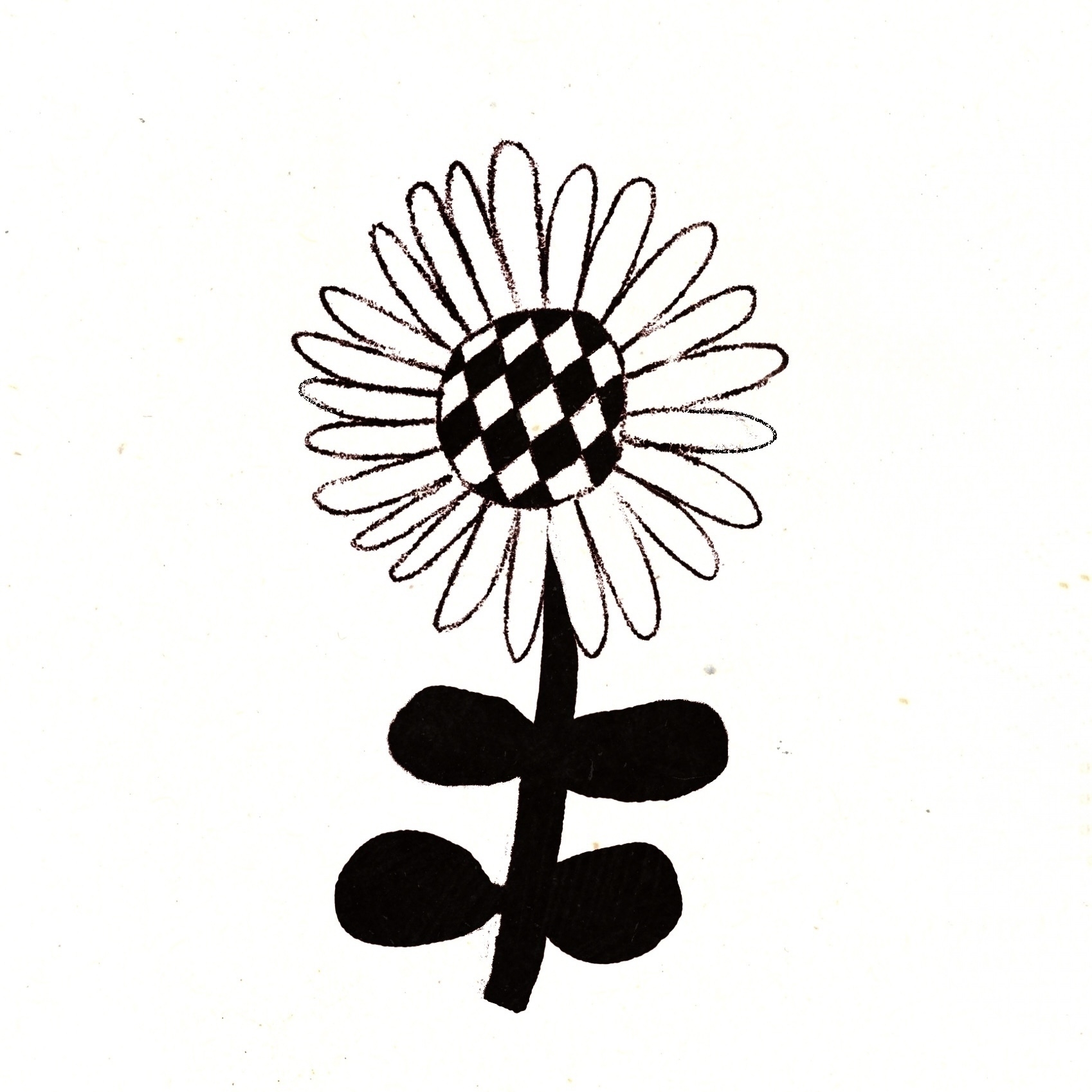 Auto-generated description: A simple drawing of a flower features a checkered center, petal outlines, and bold black leaves and stem.