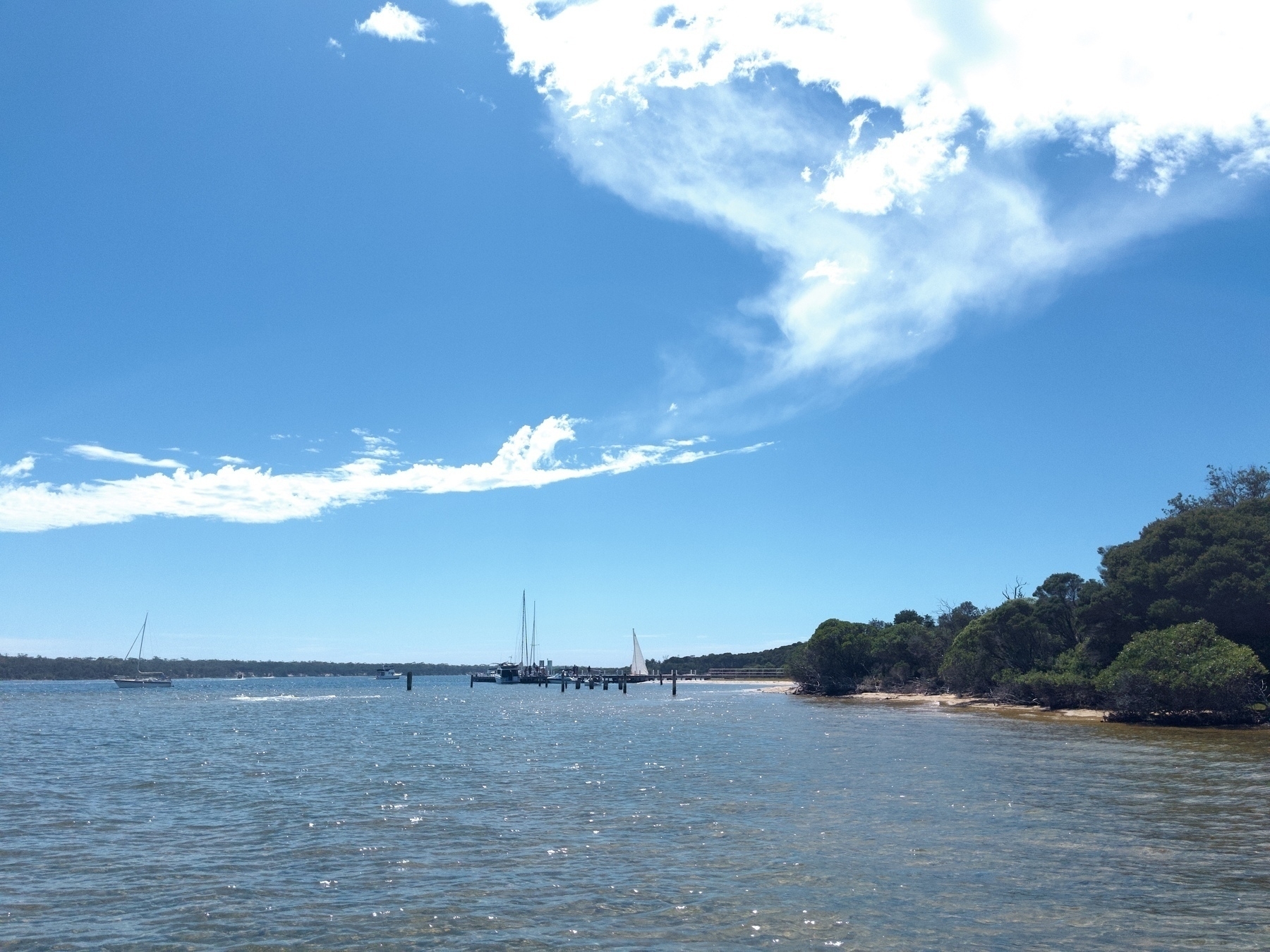 A tranquil coastal scene features calm waters, sailboats in the distance, and a shoreline with trees under a clear blue sky.