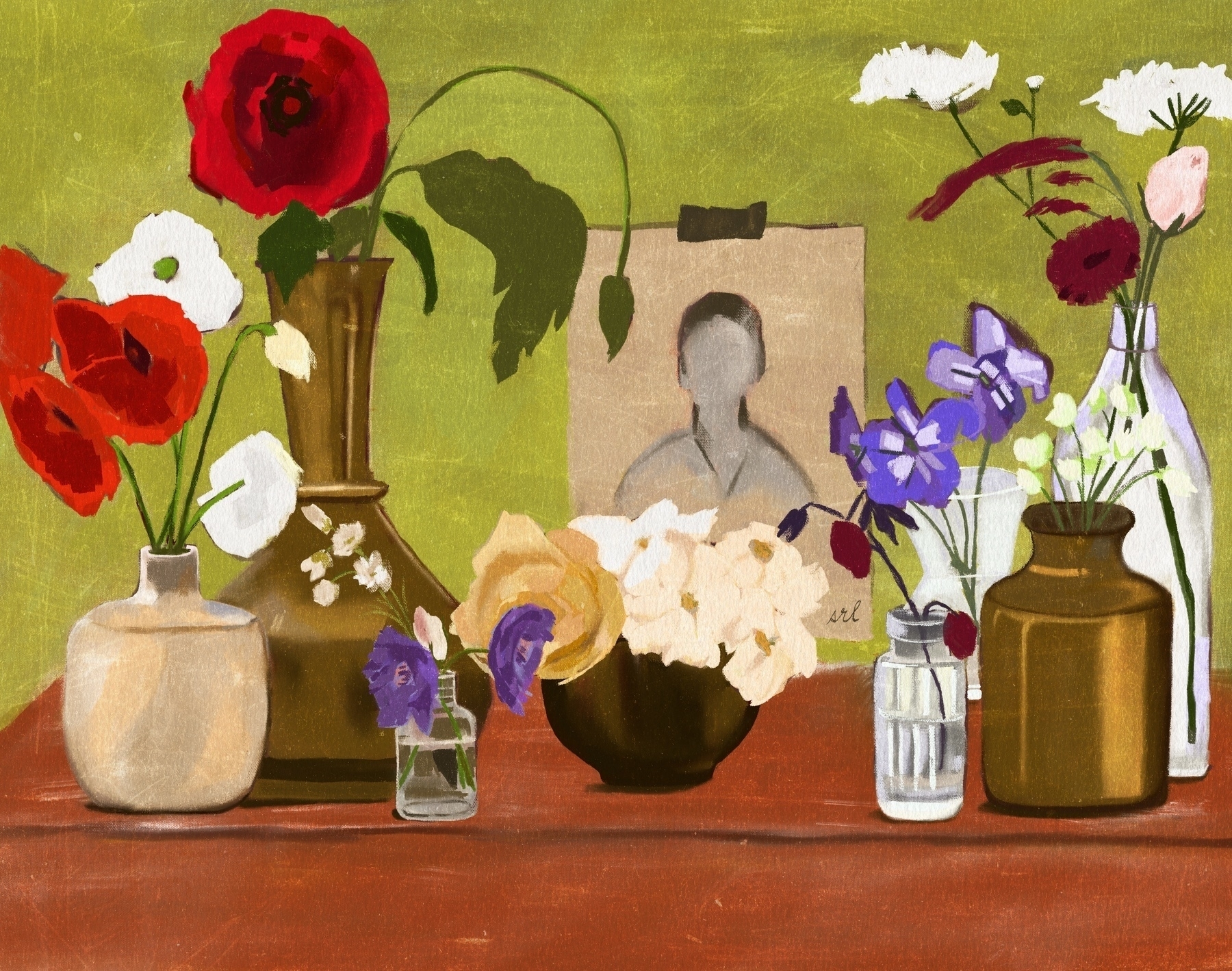 Auto-generated description: A still life painting featuring various vases filled with colorful flowers is set against a green background with a faint portrait sketch.