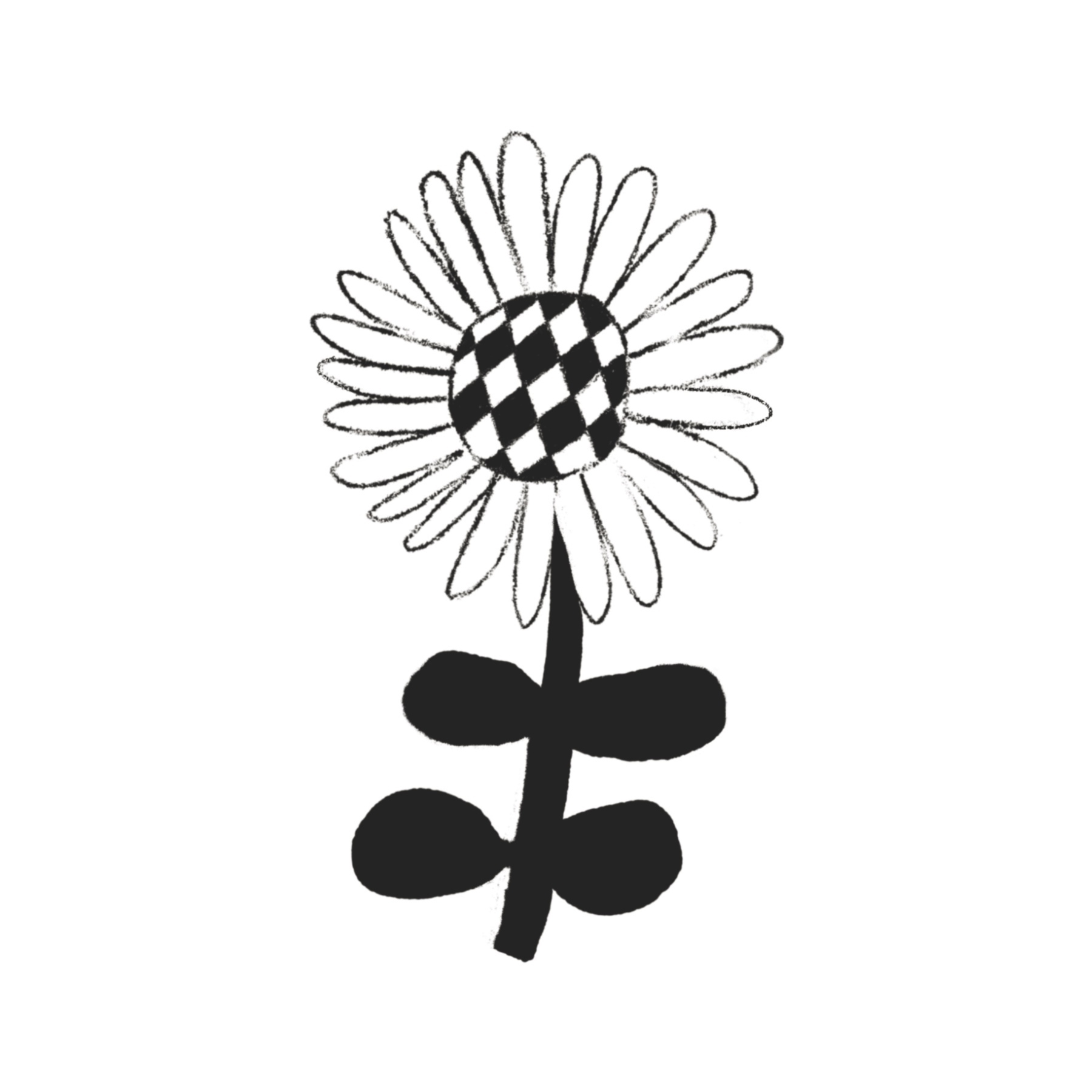 Auto-generated description: A black and white drawing features a flower with a checkered center, surrounded by numerous petals and a stem with two leaves.